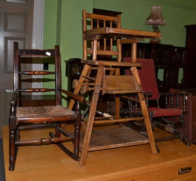 Lot 455 - A child's high chair, rush seat chair and a child's rocking chair