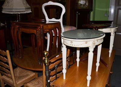 Lot 516 - A reproduction low bookcase, nest of three tables, white painted chair, pair of reproduction...