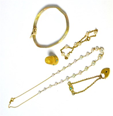 Lot 16 - A 9ct gold tri-colour bracelet together with a 9ct padlock bracelet, a 9ct gold and pearl necklace