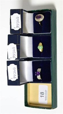 Lot 18 - A group of three dress rings, one stamped 375, one jade set stamped 585 (14K) and another