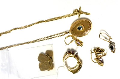 Lot 29 - Two stone set dress rings, two pairs of stone set earrings, a locket on chain, a cross on chain and
