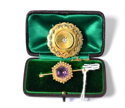 Lot 36 - A Victorian 9ct gold diamond set mourning brooch together with an amethyst and seed pearl bar...