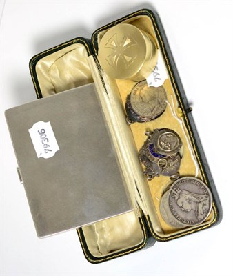 Lot 54 - A silver card case, silver box and cover, four silver sporting medals and coins