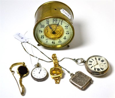 Lot 55 - A silver pocket watch, lady's fob watch, case stamped 0.935, silver vesta case, two lady's...