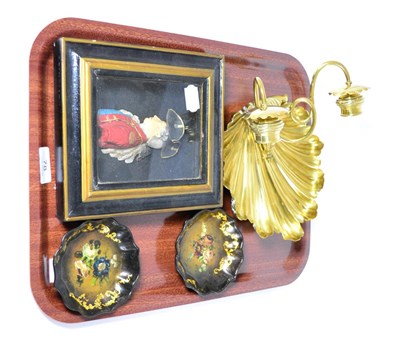 Lot 78 - A wax portrait, a brass shell wall light and a pair of small papier mache dishes