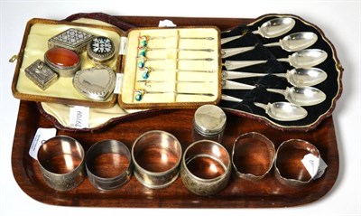 Lot 80 - A cased set of six silver tea spoons, six various silver napkin rings, a cased set of six...