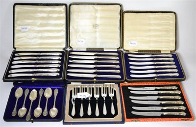 Lot 85 - Cased set of six silver teaspoons, cased set of six silver pickle forks and four cases of...