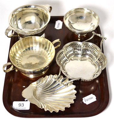 Lot 93 - A group of silver including two twin-handled footed dishes, a footed dish with pierced rim, a...