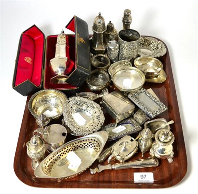 Lot 97 - A good collection of silver and white metal including a cheroot holder, two sugar sifters,...