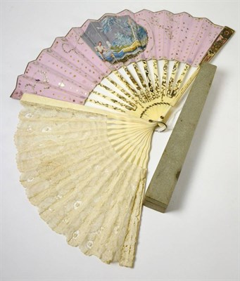 Lot 135 - Late 19th century ivory fan, with pierced and painted sticks and guards, paper mount hand...