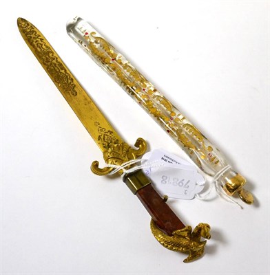 Lot 143 - A late 19th century French gilt metal and hardstone paper knife with dragon pommel and a...