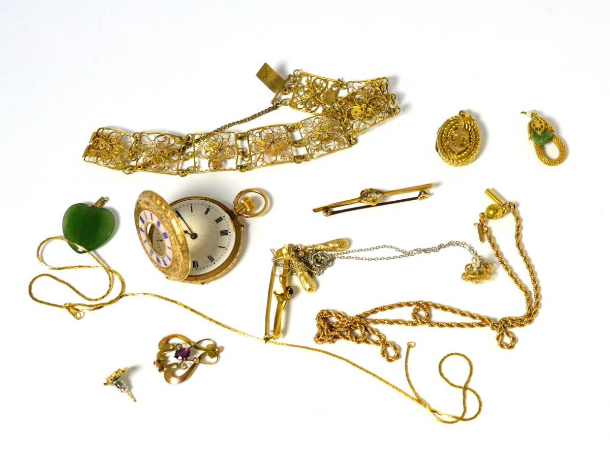 Lot 173 - A 15ct gold and enamel half hunter, a collection of gold pendants and brooches, including an anchor
