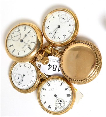 Lot 184 - Five plated pocket watches, signed Waltham, Elgin, Hanna & Eroe