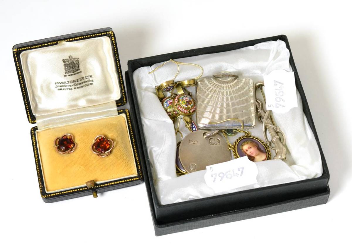 Lot 187 - A silver 1920's travelling timepiece with import marks, silver pendant and three pairs of earrings