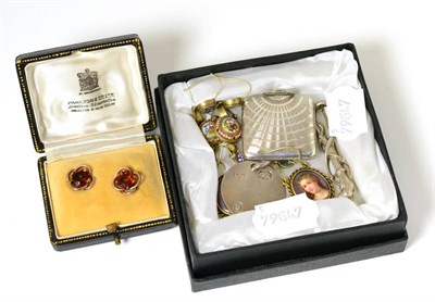 Lot 187 - A silver 1920's travelling timepiece with import marks, silver pendant and three pairs of earrings