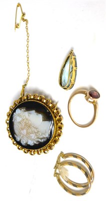 Lot 195 - A pair of 9ct two colour gold hoop earrings, a garnet ring, a cameo brooch and an aquamarine...