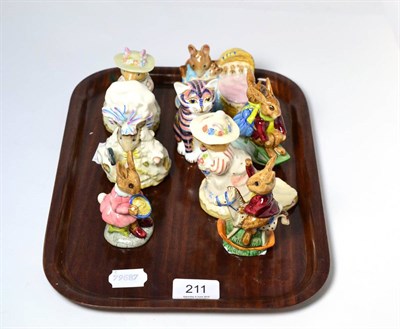 Lot 211 - Royal Crown Derby seated cat paperweight, six Royal Doulton Beatrix Potter figures, two...