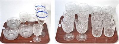 Lot 215 - A pair of enamelled glasses, a quantity of cut glass wine glasses and tumblers, etc (on two trays)