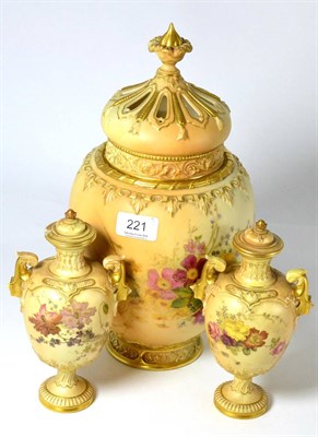Lot 221 - A pair of Royal Worcester blush ivory jars and covers (one a.f.) together with a Royal...