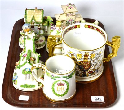 Lot 224 - Tray of assorted Coalport cottages, Spode silver jubilee mug and Paragon twin handled limited...