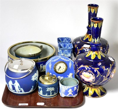 Lot 225 - A pair of blue glaze pottery vases, jasperware biscuit barrel, bowl, Rosie O'Neill Kewpie,...