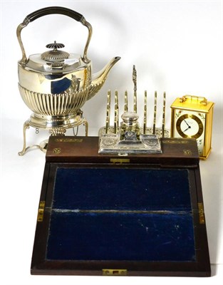 Lot 226 - A rosewood inlaid lap desk, silver mounted inkstand, plated spirit kettle on stand, toast rack...