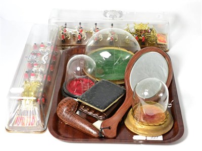 Lot 227 - Three small glass domes on stands, cased pipe, cigarette cases, cigar case, hand mirror and two...