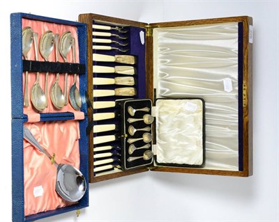 Lot 228 - An oak cased silver and ivory handled fish service together with two cased sets of silver...
