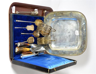 Lot 239 - A Continental silver tray stamped 800, together with a cased set of silver plated various...