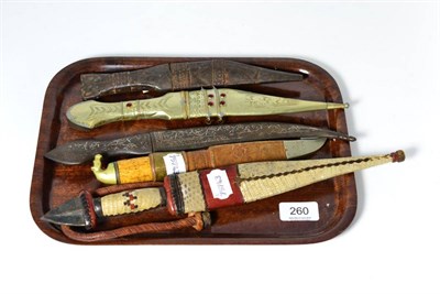 Lot 260 - Persian white metal inlaid steel dagger, NA dagger, Finnish knife and two others