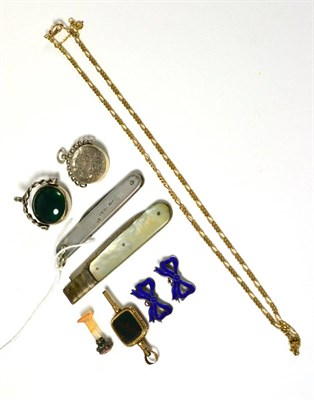 Lot 269 - A hardstone fob, another fob, a seal, a swivel, two silver knives and a 9ct chain