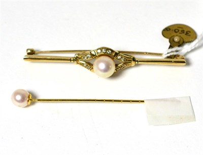 Lot 279 - A 9ct gold cultured pearl and diamond bar brooch and a cultured pearl pin