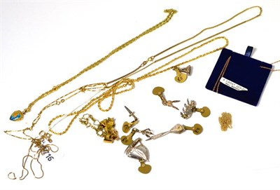 Lot 285 - Two 9ct gold chains, other chains, charms, a bow brooch, a heart motif bracelet, etc