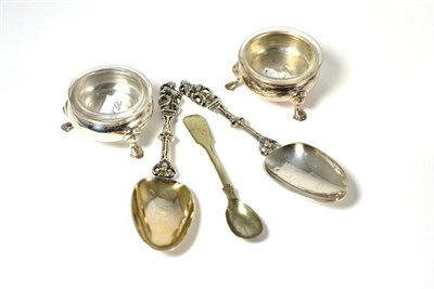 Lot 294 - A pair of 18th century silver salts, two silver apostle spoons together with a silver egg spoon