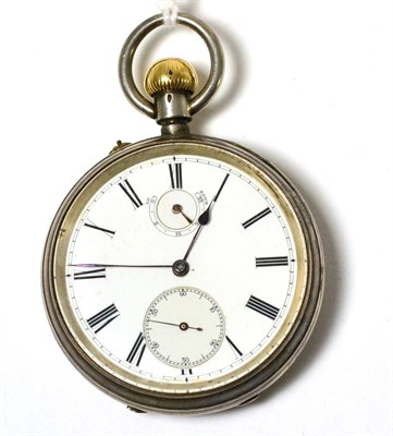 Lot 314 - A silver open faced pocket watch with up/down power reserve indication