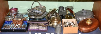 Lot 338 - A shelf of various 19th century metalwares including copper and pewter hot water bottles,...