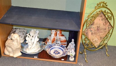 Lot 339 - Three Staffordshire spaniel dogs, two Victorian blue glass bottles, Meissen figure of a lady,...