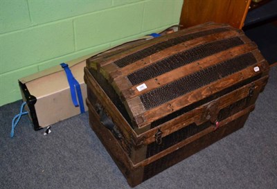 Lot 346 - A vintage wooden bound dome topped trunk together with a croquet set (2)