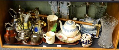 Lot 351 - Shelf including 18th century Chinese blue and white octagonal plate, plated candelabrum, plated...