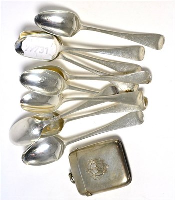 Lot 379 - A set of ten mid 18th century stem marked silver teaspoons and a silver vesta case