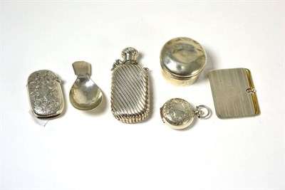 Lot 396 - A silver caddy spoon, a vesta, a sovereign holder, a scent bottle, a circular box and a silver...