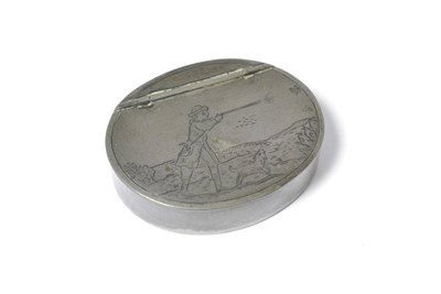 Lot 397 - An 18th century pewter snuff box with London touchmarks, the cover decorated with a hunting scene