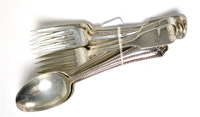 Lot 404 - Six silver dessert spoons with bead decoration and five forks