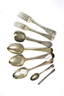 Lot 405 - 18th century silver spoon (a.f.), three silver tablespoons, two forks, teaspoon and stirrer