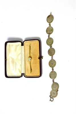 Lot 406 - A silver threepenny bit bracelet together with a 9ct gold pearl set bar brooch