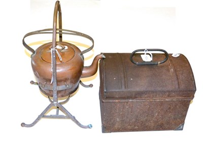 Lot 415 - A WMF copper kettle and stand together with a railway man's lunch box