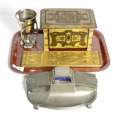 Lot 428 - WMF pewter inkwell, model No 517, an Art Nouveau door plate, Kayserzinn 4489 pewter vase and a Peek