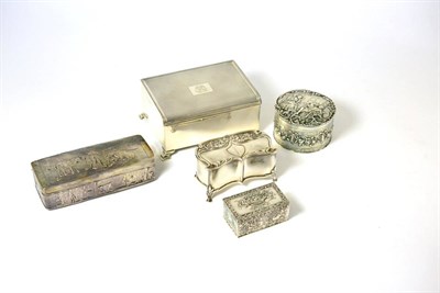 Lot 444 - Five English and Continental silver boxes comprising: a cigarette box, an Art Nouveau trinket...