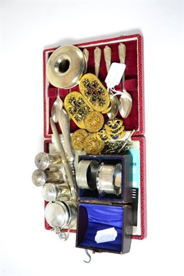 Lot 488 - A cased set of six silver spoons, two silver napkin rings, silver condiments, buttons, a...