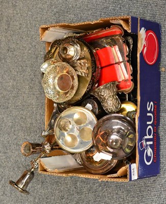 Lot 494 - A quantity of plated wares including candlesticks, egg coddler, tea service, boxes, table bell etc